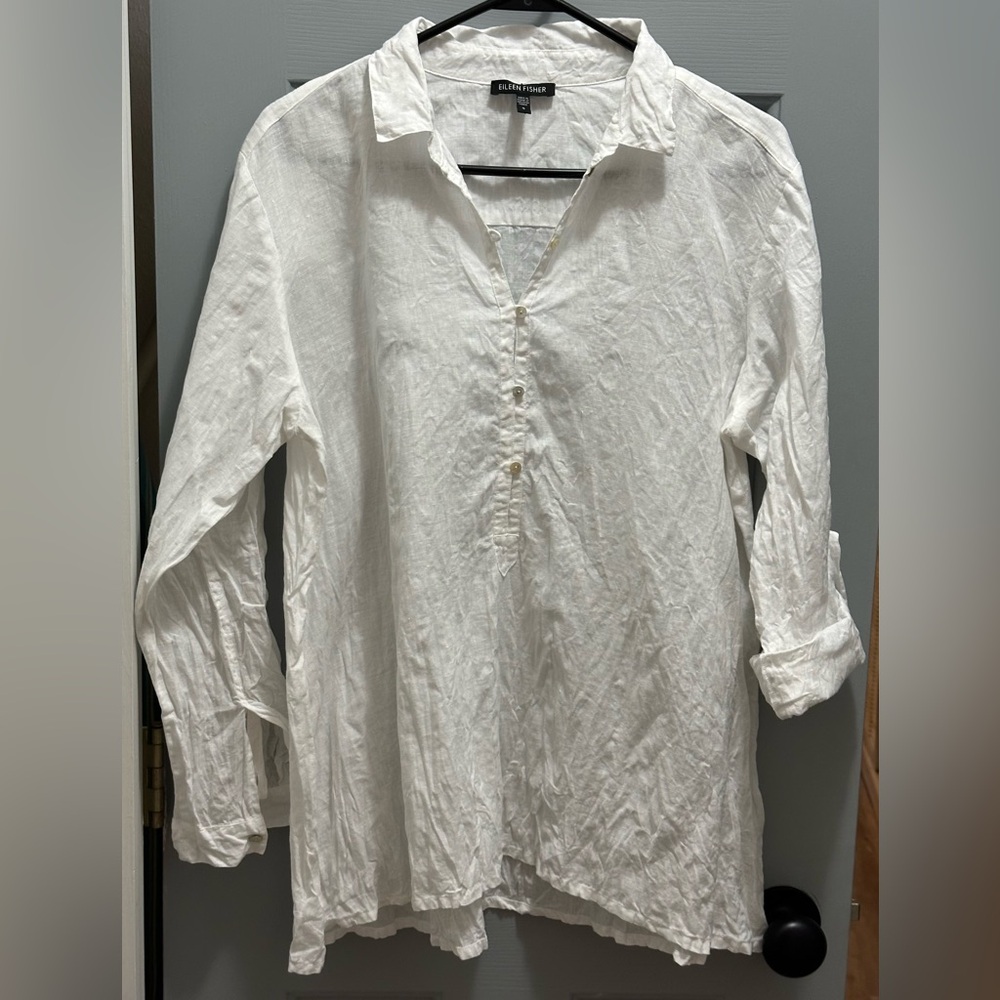 Eileen Fisher 100% Irish Linen Crinkle Effect Tunic Top White Size Small